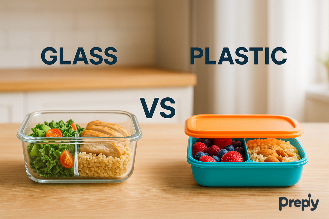 Glass and plastic Preply meal prep containers side by side with healthy food on a kitchen counter.