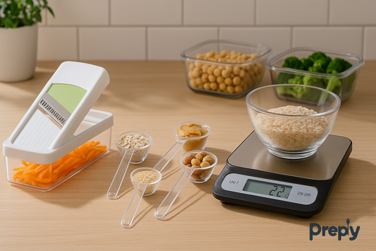 Essential kitchen prep tools on a wooden counter in natural light, including a vegetable slicer with sliced carrots, clear measuring spoons with oats and nuts, a digital kitchen scale with rice, and organized meal prep containers in the background.
