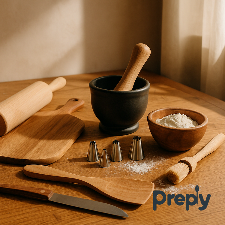 Rustic baking scene with wooden rolling pin, pastry brush, mortar and pestle, and stainless steel piping tips on a sunlit countertop—featuring Preply’s traditional baking accessories designed for home chefs and heritage-inspired kitchens.