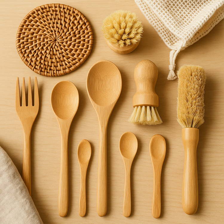 eco-friendly natural kitchen tools made from wood and bamboo