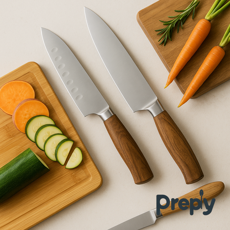 Natural kitchen table with bamboo cutting boards, wooden-handled chef knives, and sliced vegetables under soft daylight — eco-friendly cooking tools curated by Preply for sustainable meal prep.