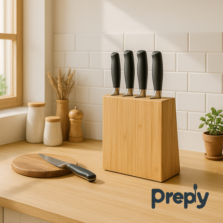 Sunlit wooden kitchen with a bamboo knife block neatly holding knives, showing only the black handles—featuring Preply’s sustainable storage solutions designed for safe, minimalist, and eco-conscious kitchens.