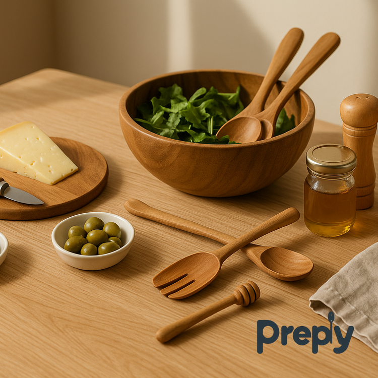 Naturally styled table setting featuring a wooden cheese server, honey dipper, and salad utensils with green salad, olives, and salt and pepper mills—showcasing Preply’s eco-friendly serving ware for mindful and elegant dining.
