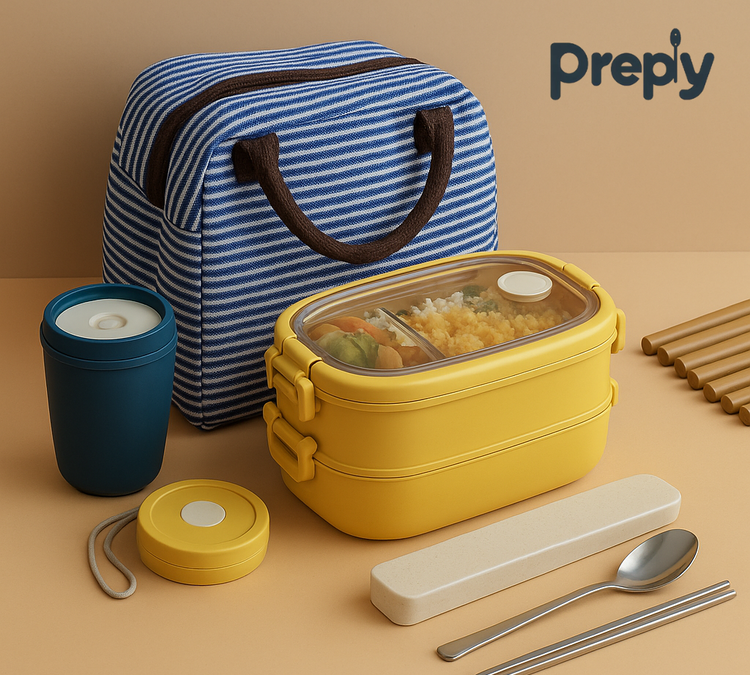 Preply Bento Box Carrier set with insulated striped lunch bag, yellow double-layer bento box, reusable cup, and stainless steel cutlery for meal prep
