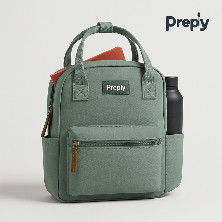 Preply Everyday Daypack backpack with water bottle holder and front pocket, designed for lunch, work, and travel essentials