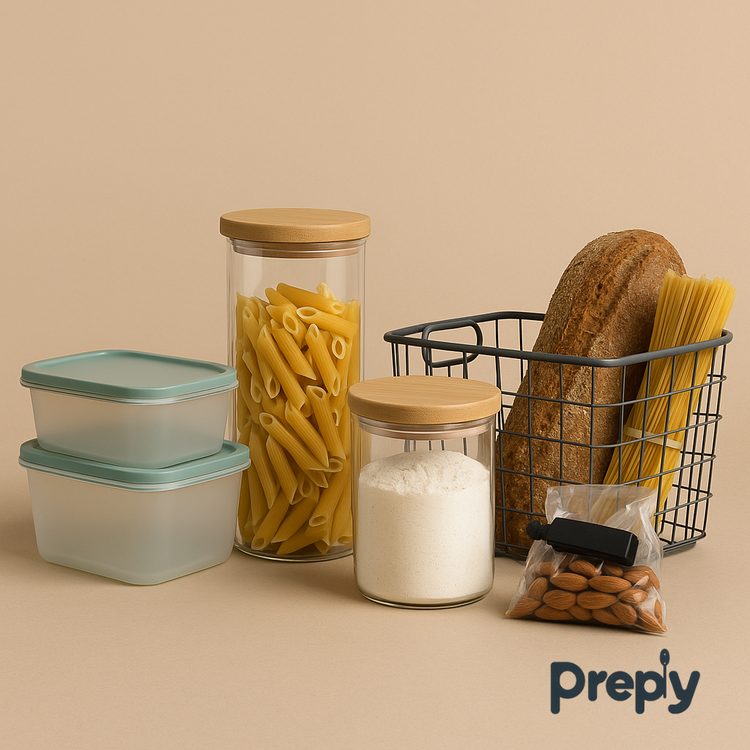 Preply kitchen storage and organization setup with stackable food containers, airtight glass jars, pantry basket, and storage clips neatly arranged on a countertop