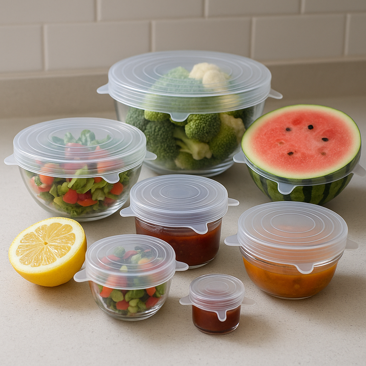 Preply silicone stretch lids covering bowls, jars, and cut fruits for reusable eco-friendly food storage in a modern kitchen