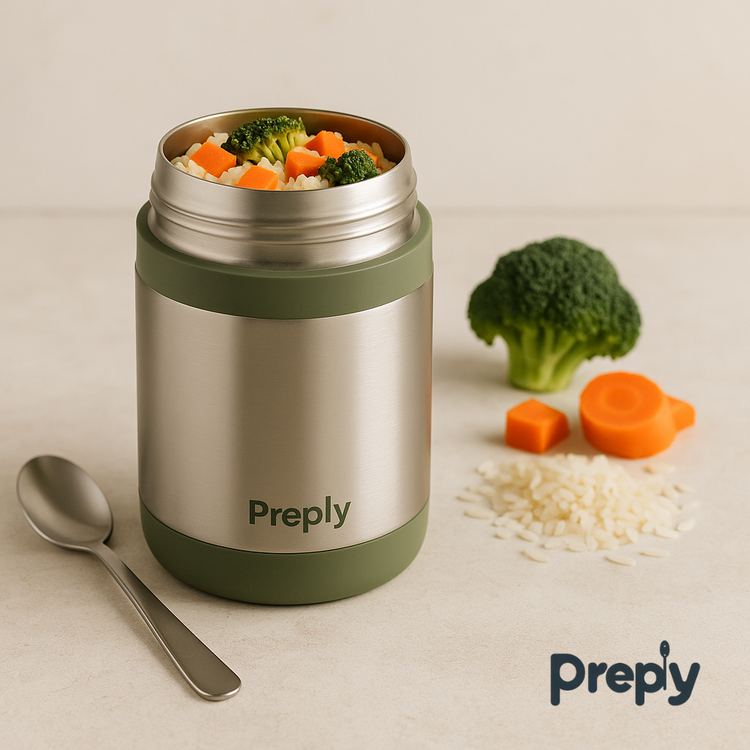 Preply stainless steel food jar with double-wall insulation, filled with rice, broccoli, and carrots, reusable thermal container for hot and cold meals
