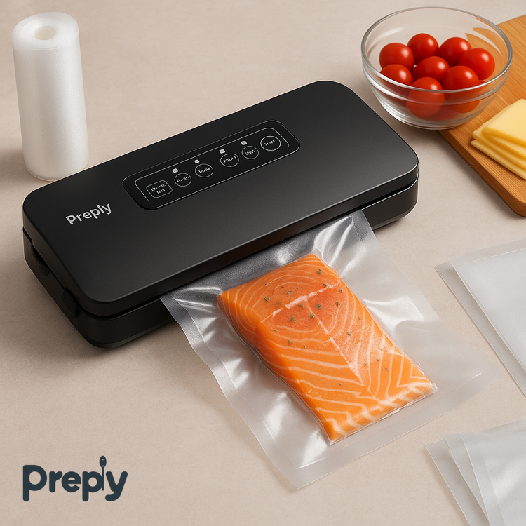 Preply vacuum sealer machine sealing fresh salmon fillet with vacuum bags, surrounded by tomatoes and cheese for meal prep and food storage
