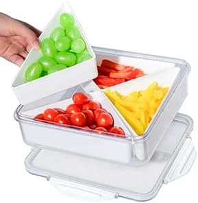 2Pack Veggie Tray With Lid for Fridge Organizer Bins Divided Snackle Box Container with 4 Compartments for Party Serving Platter, Fruit Tray with dip, Snack Storage, Reusable Meal Prep