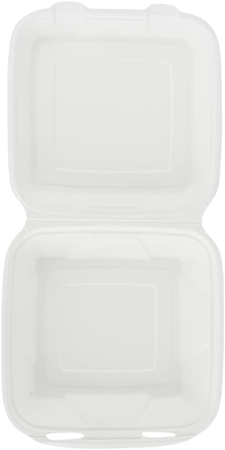 Restaurantware Pulp Safe No PFAS Added 32 Ounce Clamshell Boxes 100 Disposable Containers - Home Compostable Microwavable And Freezable White Bagasse Containers Built-In Hinged Lid And Tab Lock