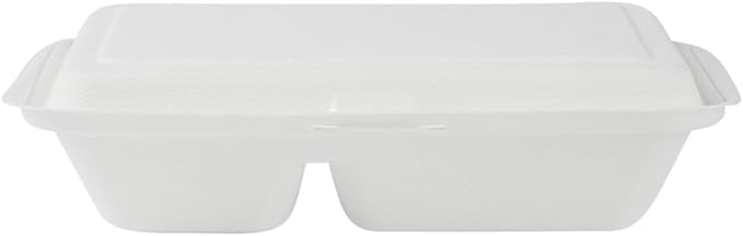 Restaurantware Pulp Safe No PFAS Added 34 Ounce Clamshell Boxes 100 Disposable Containers - Home Compostable 2 Compartments White Bagasse Containers Microwavable And Freezable Hinged Lid