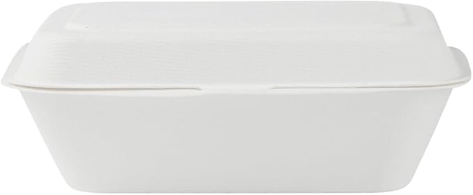 Restaurantware Pulp Safe No PFAS Added 20 Ounce Clamshell Boxes 100 Disposable Containers - Home Compostable Microwavable And Freezable White Bagasse Containers Built-In Hinged Lid