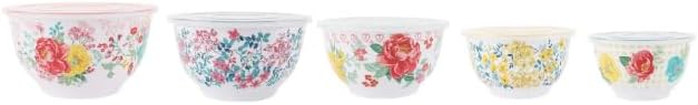 The Pioneer Woman Melamine Mixing Bowls Set with Lids 10-Pieces Bundle with Spoon Rest & Stainless Steel Silicone Kitchen Tongs Red (Total 12 Pieces)