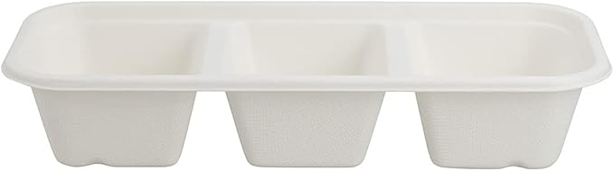 Restaurantware Pulp Tek 9.2 x 3.8 x 1.8 Inch Takeaway Food Boxes 100 Microwavable Take Out Containers - Lids Sold Separately Freezable White Bagasse Catering Food Containers 3 Compartments