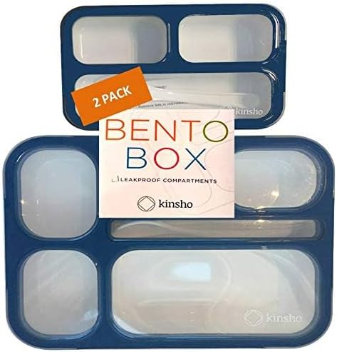 kinsho Bento Lunch-Box Set for Kids includes Snack Container | 6 and 3 Compartment Boxes Leakproof School Bentos, Meal Portion Control Containers, Boys Girls Adults, Navy Blue Large + MINI 2 Pack Set
