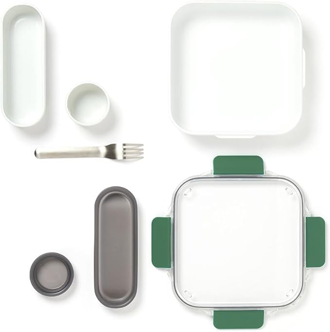 BLACK + BLUM Bento Box Style Compartment Food Container | Packed Lunch Box with Stainless-Steel Travel Fork, Plastic Free Leak-Proof, Microwave Safe | Olive, 34 oz / 1000 ml