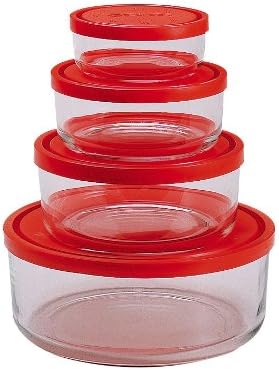 Bormioli Rocco Gelo 4pc Glass Storage Container/Food Storage Set with Red Lid (11.75 oz., 24.25 oz., 44.75 oz., 93.75 oz.)