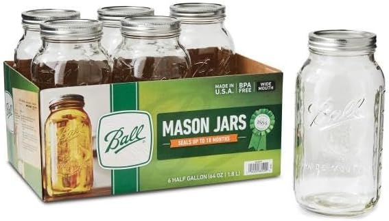 Ball Wide Mouth Glass Mason Jars with Lids and Bands, Used for Canning, Pickling, Juice, Jam, Jelly, Half Gallon Size 64 Ounce (Pack of 4)