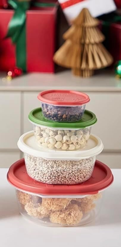 Plastic Food Storage Container Set, 4 Containers with Lids, Assorted Colors (ROUND HOLIDAY CHEER)
