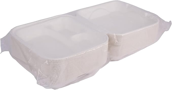 Eco-Products Compostable Vanguard 9" Clamshell To Go Containers, Case of 200, 3 Compartment, Square Take Out Food Box, White Renewable Molded Fiber, No-Added PFAS, ASTM Compliant, BPI-Certified