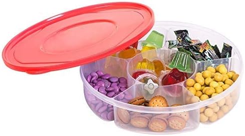 2 Pack - Candy and Nut Serving Container, Appetizer Tray with Lid, 6 Compartment Round Plastic Food Storage Lunch Organizer, Divided Christmas Keto Snack Plate, Dish Platter w/Cover, 10-Inch