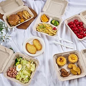 ECOLipak 50 Pack Clamshell To Go Containers, 100% Compostable Disposable Take Out Food Containers, 8X8 3-Compartment Heavy-Duty To Go Boxes,Eco-Friendly Biodegradable To Go Containers For Food