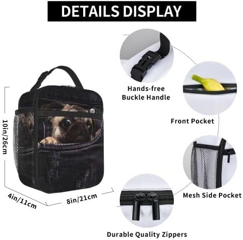YETTA YANG Cute Funny Dog 3d Pug Portable Lunch Bag Insulated Lunch Box Reusable Totes For Women Men Work Picnic Camping