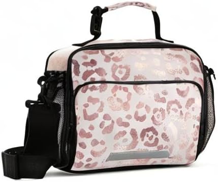 MNSRUU Student Lunch Bag Elegant Rose Gold Leopard Insulated Lunch Totes Picnic Bag Lunch Box with Adjustable Shoulder Strap for Teen Kids Adults