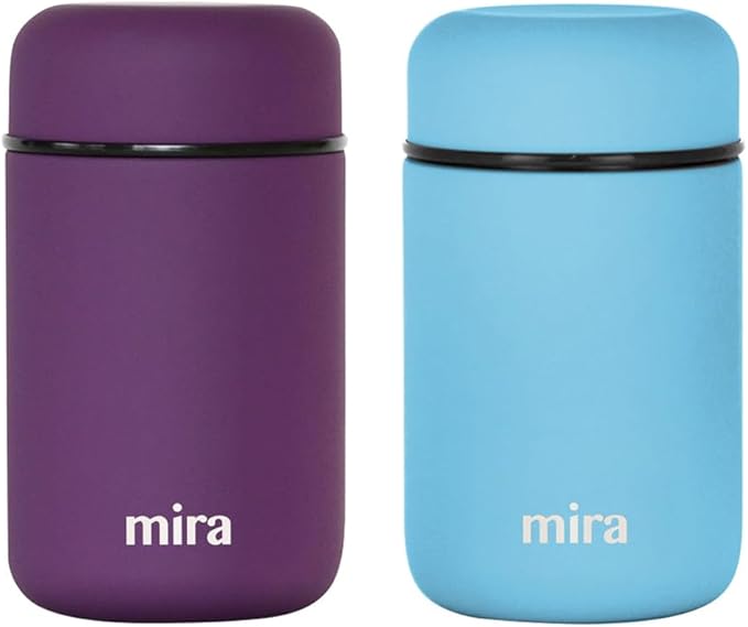 MIRA 2 Pack Insulated Food Jar Thermos for Hot Food & Soup, Compact Stainless Steel Vacuum Lunch Container, 13.5 oz, Purple, Pearl Blue