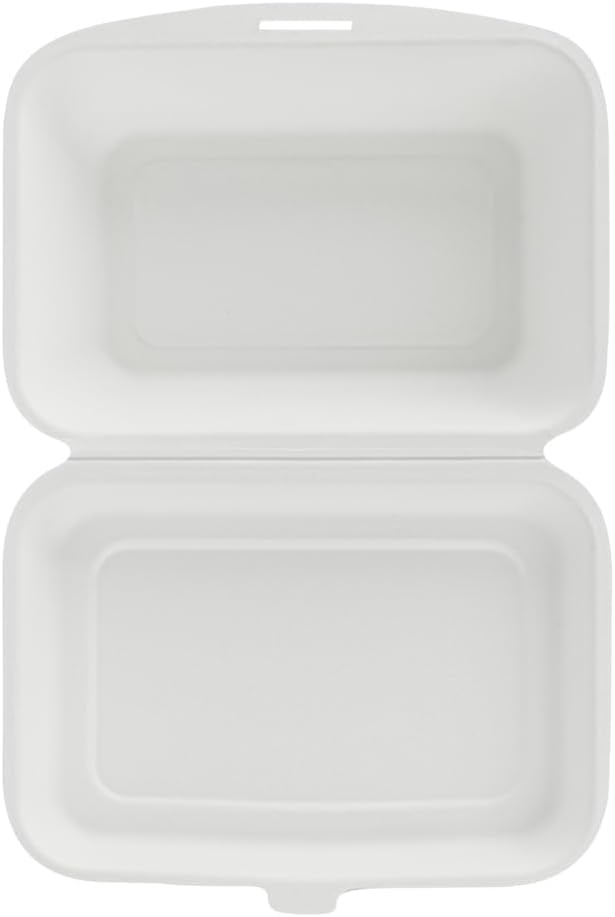 Restaurantware Pulp Safe No PFAS Added 20 Ounce Clamshell Boxes 100 Disposable Containers - Home Compostable Microwavable And Freezable White Bagasse Containers Built-In Hinged Lid