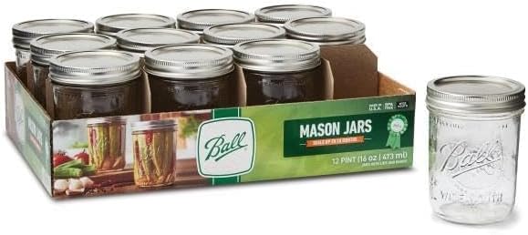 Ball Wide Mouth Glass Mason Jars with Lids and Bands, Used for Canning, Pickling, Juice, Jam, Jelly, Pint Size 16 Ounce (Pack of 4)