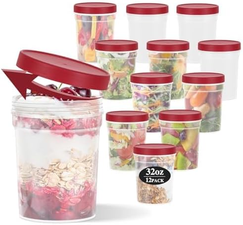 32 oz -12 Pack Reusable Food Freezer Storage Containers with Lids BPA Free, Twist Top Deli Container, Leak Proof, Stackable, Microwave and Dishwasher Safe-Elegant Red