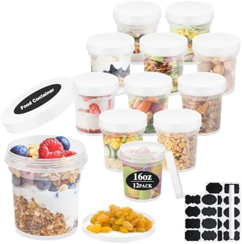 16oz 12Pack Reusable Freezer Food Storage Containers with Airtight Twist Top Lid. Overnight Oats Containers with Lids BPA-Free. Plastic Soup Deli Container with Lids Microwave/Dishwasher/Freezer Safe