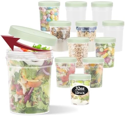 32 oz -12 Pack Reusable Food Freezer Storage Containers with Lids BPA Free, Twist Top Deli Container, Leak Proof, Stackable, Microwave and Dishwasher Safe-Elegant Green