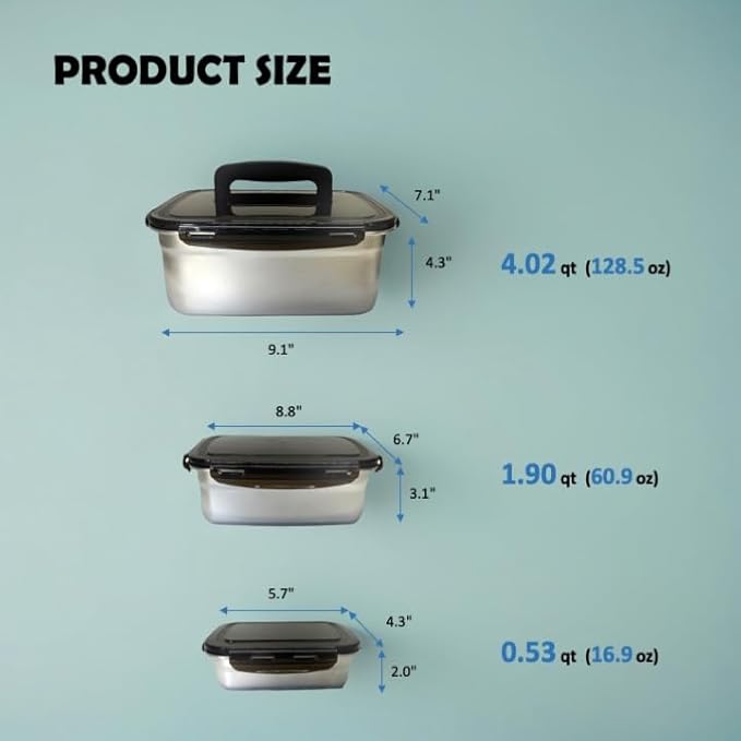 Stainless steel food storage containers leak proof & airtight lids for Kitchen,stainless steel bowl,meal prep lunch box,freezer and microwave safe (17/61/128 oz)