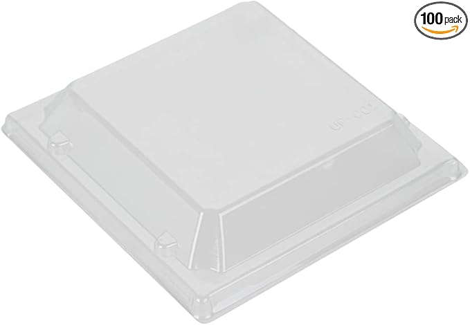 Restaurantware LIDS ONLY: Taipei 5.3 x 5.3 x 1 Inch Square Transparent Lids 100 Plastic Lids For 14 Ounce Square Flare Wooden Containers - Containers Sold Separately Clear Plastic To Go Box Lids