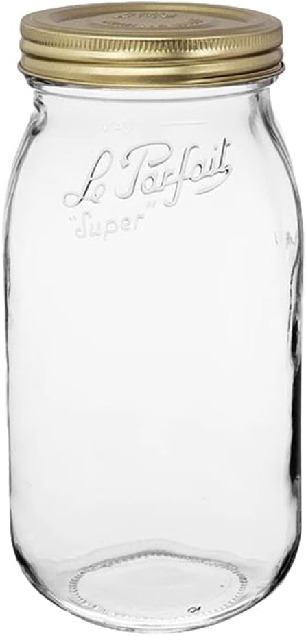 Le Parfait Screw Top Jar Wide Mouth French Glass Jar | Ideal for Food and Soup Storage, Canning, Flour, Brown Sugar, and other Baking Supplies (2L/64oz, Single, Gold)