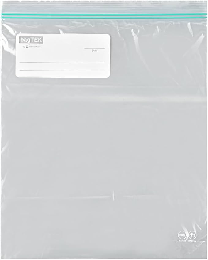 Restaurantware Bag Tek 2 Gallon Storage Zip Bags 25 Disposable Zipper Pouch Bags - Double Zipper Greaseproof Clear Plastic Zip Bags With Write-On-Label For Food Organization And Storage