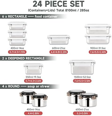 12PC 304 Stainless Steel Food Storage Containers with Lids Leakproof, Meal Prep Container Airtight, Lunch Boxes, Kimchi Containers for food storage Nestable | Oven/Dishwsher/Freezer Safe