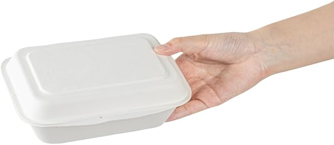 Restaurantware Pulp Safe No PFAS Added 20 Ounce Clamshell Boxes 100 Disposable Containers - Home Compostable Microwavable And Freezable White Bagasse Containers Built-In Hinged Lid