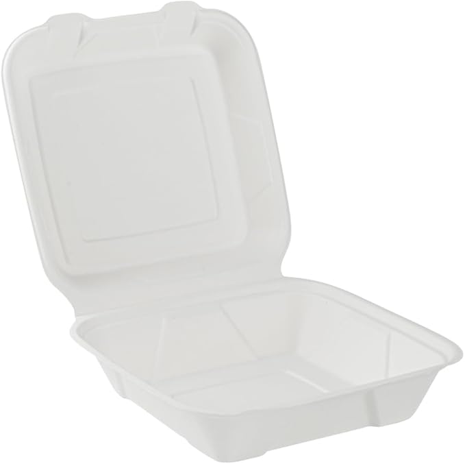 Restaurantware Pulp Safe No PFAS Added 32 Ounce Clamshell Boxes 100 Disposable Containers - Home Compostable Microwavable And Freezable White Bagasse Containers Built-In Hinged Lid And Tab Lock