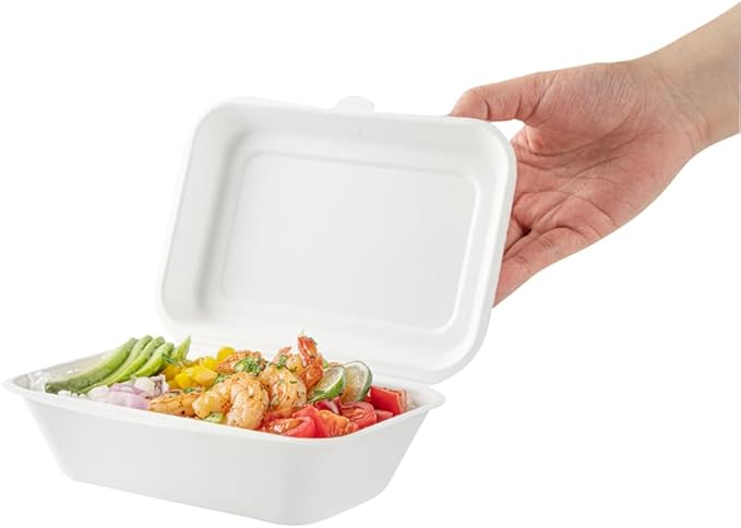 Restaurantware Pulp Safe No PFAS Added 20 Ounce Clamshell Boxes 100 Disposable Containers - Home Compostable Microwavable And Freezable White Bagasse Containers Built-In Hinged Lid