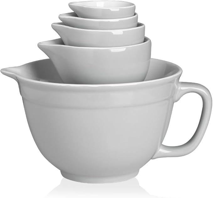 Sweejar Porcelain Mixing Bowl with Scale, Ceramic Serving Container for Kitchen, Nesting Bowl with Handle, Using for Baking, Prepping, Cooking, Set of 5 (Gray)