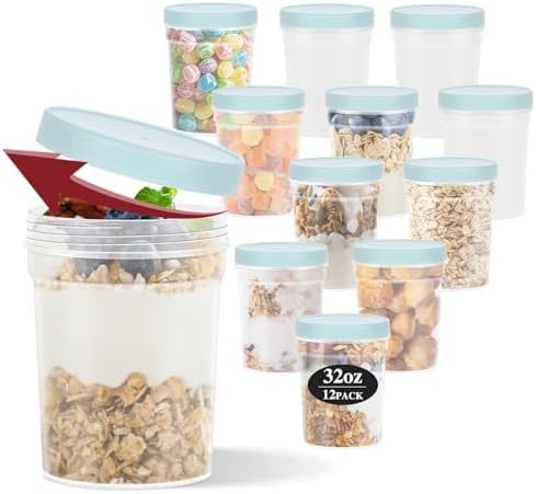 32 oz -12 Pack Reusable Food Freezer Storage Containers with Lids BPA Free, Twist Top Deli Container, Leak Proof, Stackable, Microwave and Dishwasher Safe-Elegant Blue