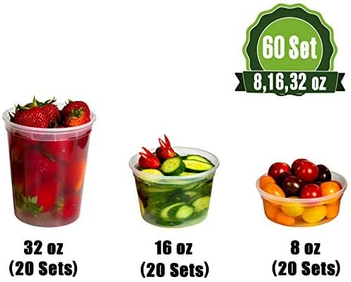 Deli Containers with Airtight Lids - 60 Piece Set (8oz, 16oz, 32oz) Perfect for Slime, Portion Control, Microwavable, Dishwasher, Freezer Safe, Leakproof, Stackable