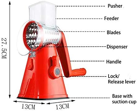 Manual Rotary Potato Grater Kitchen Mandoline Vegetable Slicer,with 3 Interchangeable Blades,Easy to use (Red)