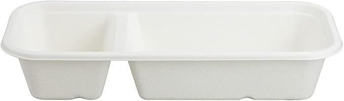Restaurantware Pulp Tek 9.2 x 3.8 x 1.8 Inch Takeaway Food Boxes 100 Microwavable Take Out Containers - Lids Sold Separately Freezable White Bagasse Catering Food Containers 2 Compartments