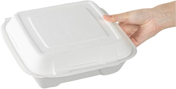 Restaurantware Pulp Safe No PFAS Added 32 Ounce Clamshell Boxes 100 Disposable Containers - Home Compostable Microwavable And Freezable White Bagasse Containers Built-In Hinged Lid And Tab Lock