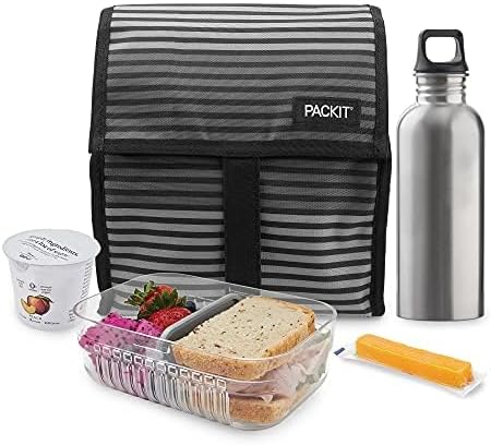 PackIt Freezable Lunch Bag, Gray Stripes, Built with EcoFreeze Technology, Foldable, Reusable, Zip and Fold Closure with Buckle Handle, Perfect for School and Office Lunches
